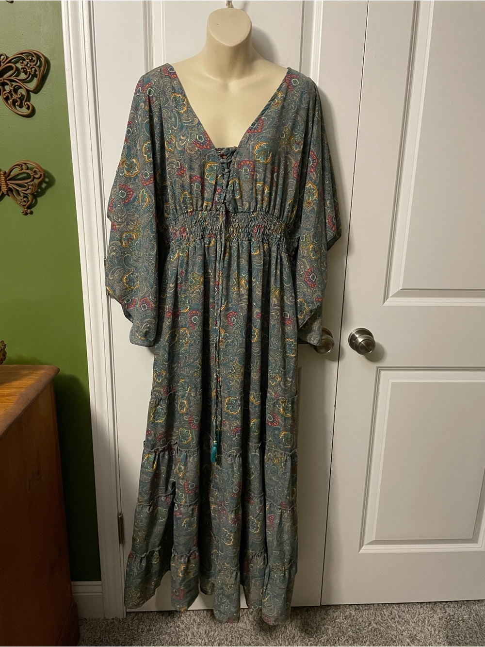 Boemo Paisley Tiered Maxi Dress XL Drape Sleeve Cinched Waist